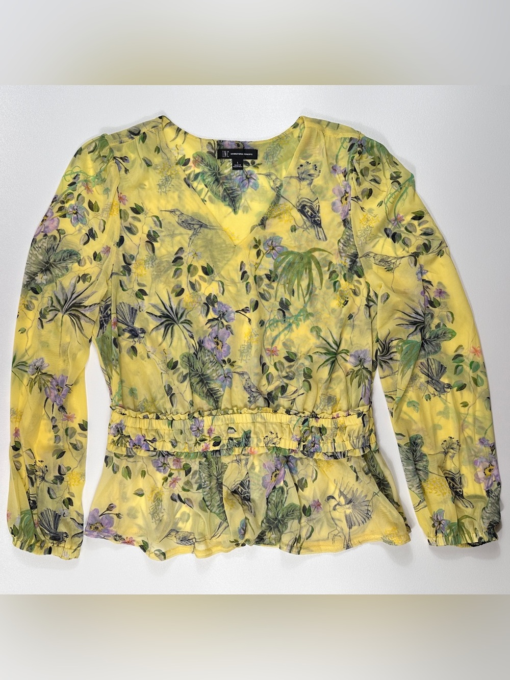 INC International Concepts Floral Botanical Peplum Blouse Large Boho Cottagecore